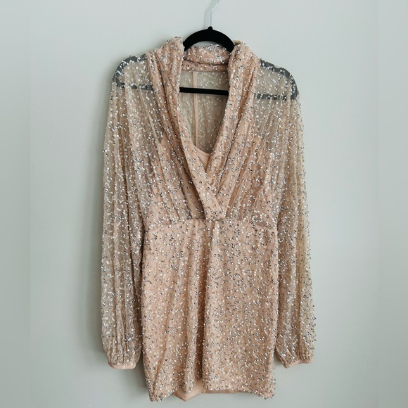 Mac Duggal Beaded Champagne Mini Dress NWT | Long Sleeve Cocktail Size 8 - Picture 2 of 10